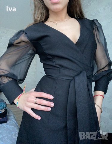 Мини рокля в черно с шифонен ръкав, снимка 2 - Рокли - 35290970