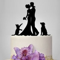 двойка младоженци с коте и куче черен пластмасов топер украса табела за сватбена сватба торта, снимка 1 - Други - 29895437