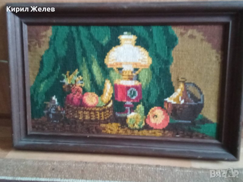 СТАР ГОБЛЕН НАТЮРМОРТ ПРАЗНИЧНА ТРАПЕЗА ГЕРМАНИЯ в ДЪРВЕНА РАМКА 30914, снимка 1