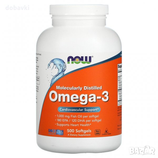 Омега 3 , рибено масло, Now Foods, Molecularly Distilled Omega-3, 500 Softgels, снимка 1