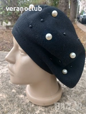 Черна дамска барета с перли Лукс, снимка 1