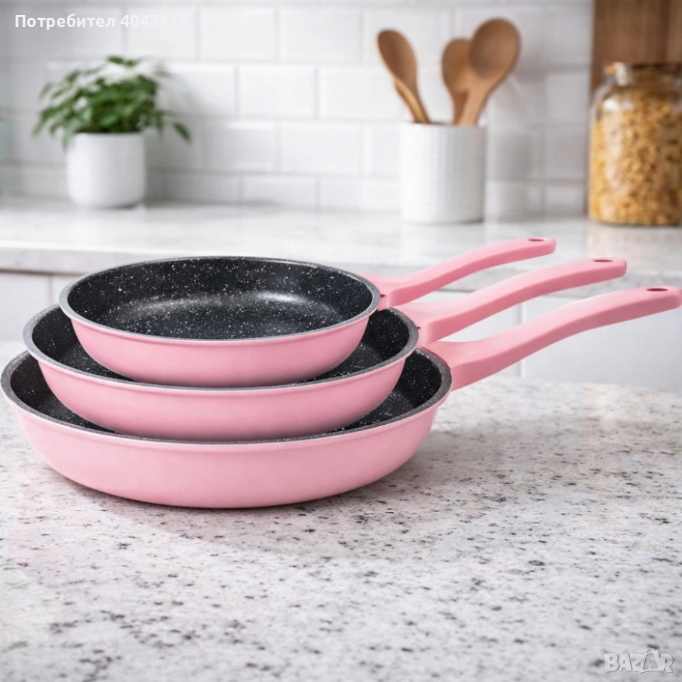 Комплект тигани Cheffinger розово с мраморно покритие – 3 част, снимка 1