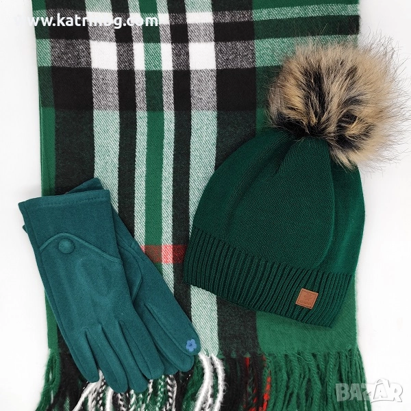 Луксозен подарък за жена – кашмирен шал Burberry, шапка и ръкавици в зелено Код на продукта:DAK-0041, снимка 1