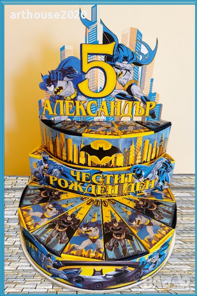Картонена торта Батман,покани за рожден ден,банери за стена,свирки и др., снимка 1
