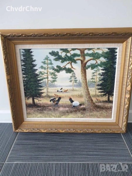 Ritwall 67х57см/стара шведска картина масло върху платно/горски пейзаж-фазани/дървена рамка, снимка 1