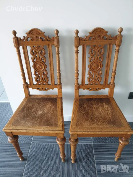 100см дърворезба/2бр чифт стари ретро дървени столове с релефни седалки, снимка 1
