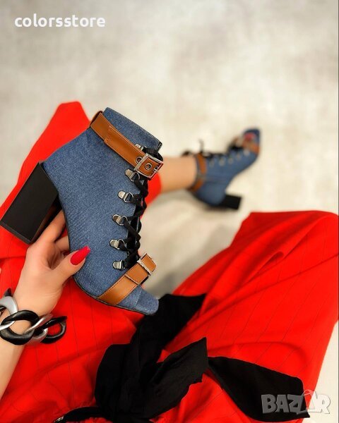 Летни боти на ток - деним с кафява каишка - BK55, снимка 1