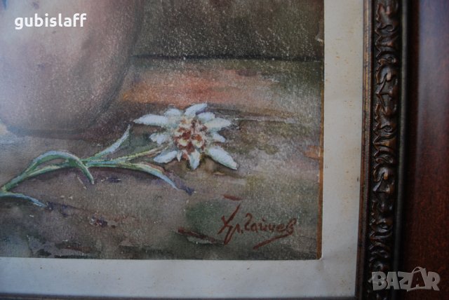 Стара картина, рисунка, ваза с цветя, Хр. Гайчев, 1980-те г., снимка 4 - Картини - 31449317