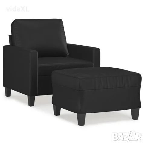 vidaXL Кресло с табуретка, черно, 60 см, изкуствена кожа