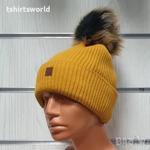 Нова зимна топла дамска шапка Silver Star в цвят горчица с пух/помпон, снимка 2 - Шапки - 47926934
