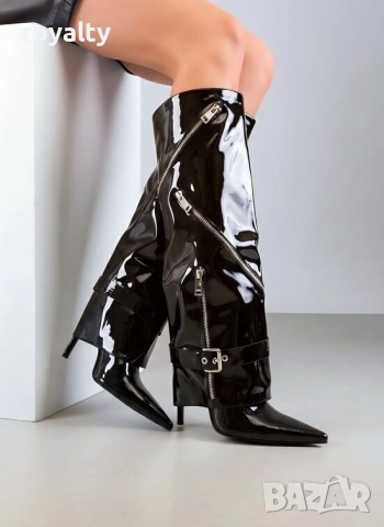 Ботуши на ток - черен лак, снимка 3 - Дамски ботуши - 52529257