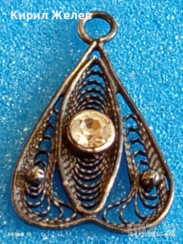 Стара филигранна сребърна с гранулация и камък висулка пендант 52422, снимка 5 - Колиета, медальони, синджири - 52651077