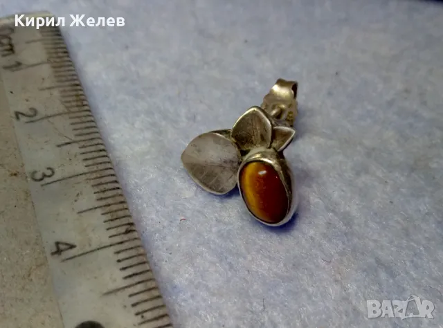 ФЛОРАЛНА СРЕБЪРНА ОБЕЦА ЦВЕТЕ СРЕБРО 925 с ПОЛИРАН КАМЪК ТИГРОВО ОКО ФИНА РЪЧНА ИЗРАБОТКА 48650, снимка 4 - Обеци - 49510734