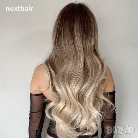 60 см Омбре чуплива перука два цвята кафяви корени и пепеляво руси краища с бретон, снимка 4 - Аксесоари за коса - 50472630