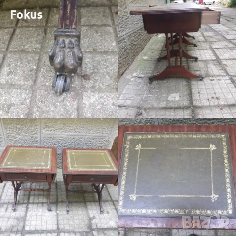 Две винтич масички от махагон със зелена кожа и златен лист, снимка 7 - Антикварни и старинни предмети - 51498142