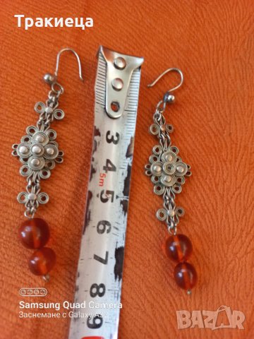 Стар сребърен женски накит с обеци филигран кехлибар , снимка 3 - Антикварни и старинни предмети - 38462198