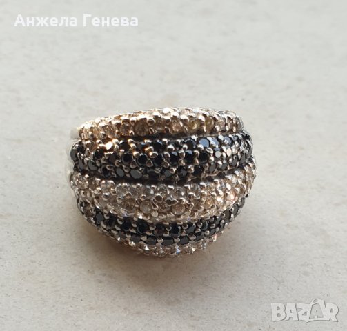 Масивен сребърен пръстен с бели и черни цирконий, снимка 2 - Пръстени - 38599811