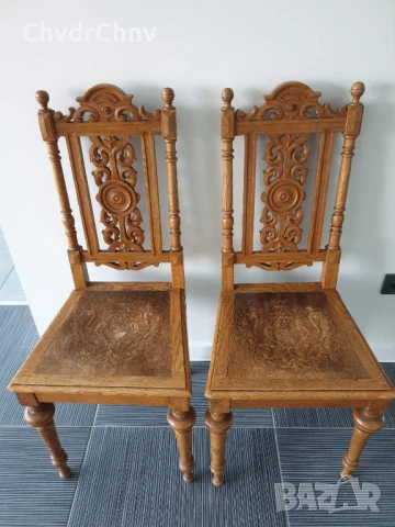 100см дърворезба/2бр чифт стари ретро дървени столове с релефни седалки