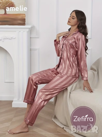 Дамски сатенени пижами в различни разцветки Amelie Zefirra, с дълъг ръкав. , снимка 14 - Пижами - 52681414