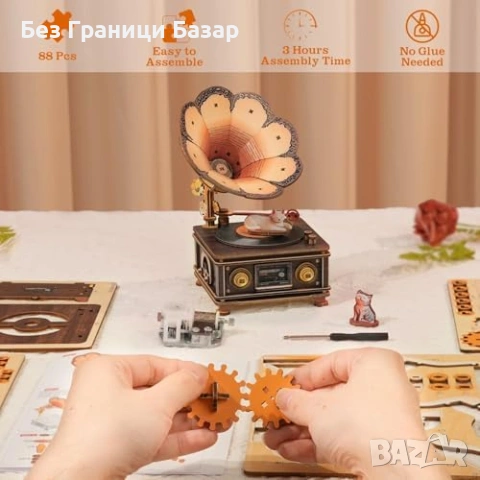 Нов Музикален 3D дървен модел грамофон с котенца DIY пъзел идеален подарък за декор, снимка 2 - Декорация за дома - 54318034
