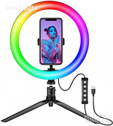 Комплект LED ринг лампа 7 цвята с трипод и дистанционно - RING RGB LIGH 10инча, 210, снимка 3 - Светкавици, студийно осветление - 38091047