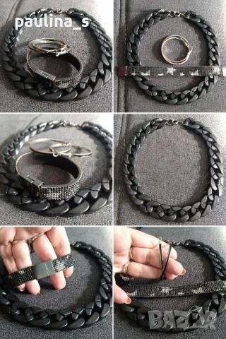 Лотове от бижута, чокъри тип вериги в черно и сиво / чокър и гривна, обеците са подарък, снимка 2 - Бижутерийни комплекти - 37897945