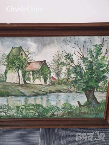 94х74см наивизъм/голяма картина масло върху платно/къща-дървета-река/1979/дървена рамка, снимка 2 - Картини - 50852908