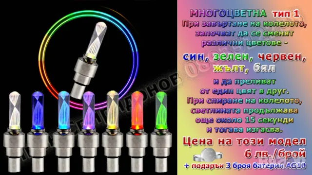 Светеща LED капачка за вентил на гума + ПОДАРЪК батерии, снимка 3 - Части за велосипеди - 13871280