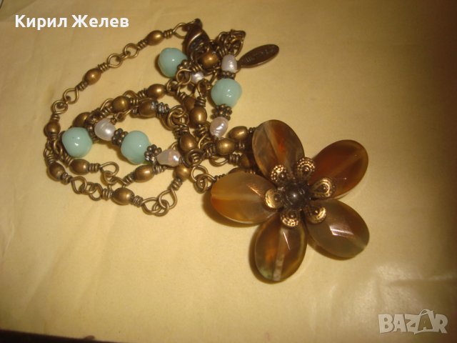 КРАСИВО ФЛОРАЛНО МАРКОВО ВИНТИДЖ АРТ БРОНЗОВО КОЛИЕ ОГЪРЛИЦА с ШЛИФОВАНИ КАМЪНИ 30159, снимка 3 - Колиета, медальони, синджири - 37851568