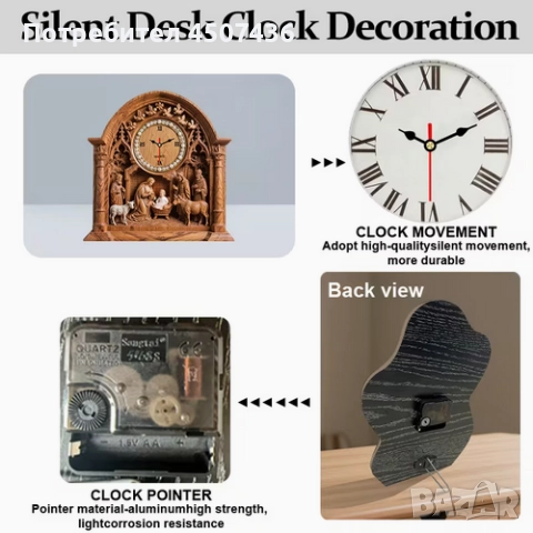 2D Плосък Европейски Стил Дървен Часовник,Тих,Работи на Батерии, снимка 3 - Декорация за дома - 52901842