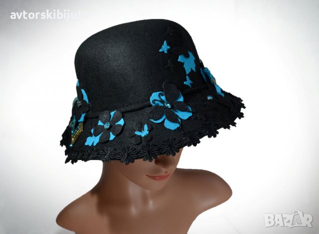 ⚜️ Черна дамска шапка филц с цветя и пеперуди №3090