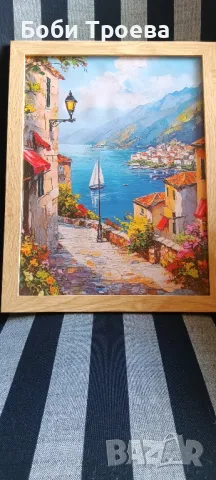 см.Рамкирана Картина в Средиземноморски Стил с Цъфтящи Цветя и Синьо Море, снимка 2 - Картини - 50308186