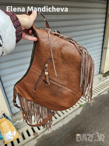 Кожена Чанта с ресни кафява голяма с цип и малък заден джоб бохо стил, снимка 5 - Чанти - 48674447