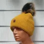 Нова зимна топла дамска шапка Silver Star в цвят горчица с пух/помпон, снимка 2