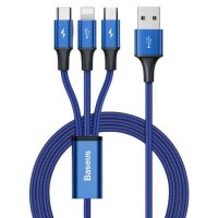 Кабел USB към Lightning, Type C и Micro USB 3 в 1 3.5А Baseus CAJS000003 1.2m Синя оплетка , снимка 1 - USB кабели - 38558499