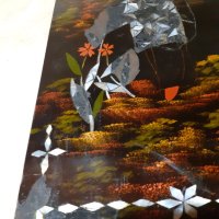 Уникална японска лакова картина с интарзия от седеф, снимка 5 - Антикварни и старинни предмети - 44164955