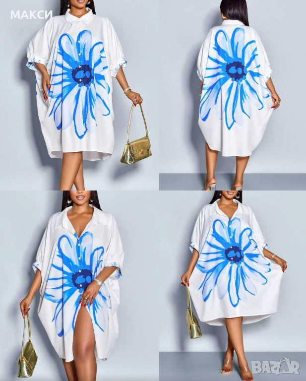 Разкошна ефирна рокля с удължен гръб с копчета и якичка в модерна щампа в бяло, снимка 1