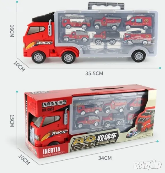 Пожарникарски камион автовоз с 6 метални пожарникарски коли КН2793, снимка 1