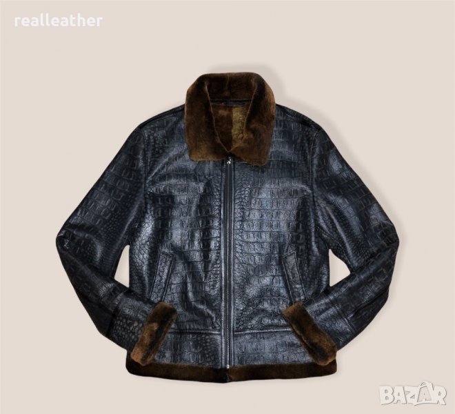 Луксозен мъжки кожух от естествена агнешка кожа с ефектна кроко щампа, снимка 1