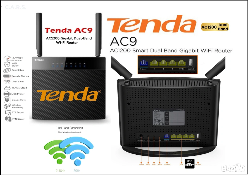 Tenda AC9 AC1200 Smart Dual Band Wireless Gigabit Router с USB, снимка 1