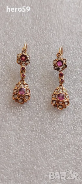 Стари дамски златни обеци с инкрустирани рубини и диаманти.Злато 14к , снимка 1