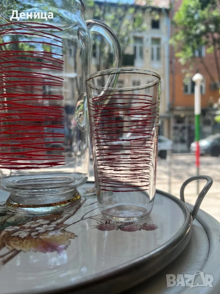 Ретро комплект за студени напитки Кана+ 6 чаши в кашонче Височина на чашите-12 см и вместимост на ок, снимка 1