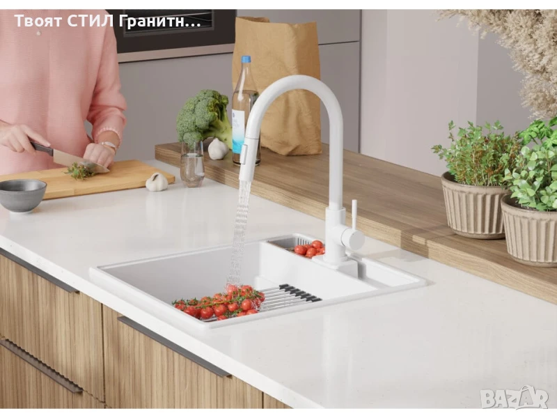 Бяла кухненска гранитна мивка Ню Йорк 50 Multispace 480 x 530 мм, снимка 1