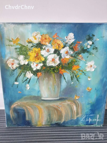 Деница Гарелова 30x30см/малка българска картина масло върху платно/натюрморт-цветя/без рамка, снимка 1