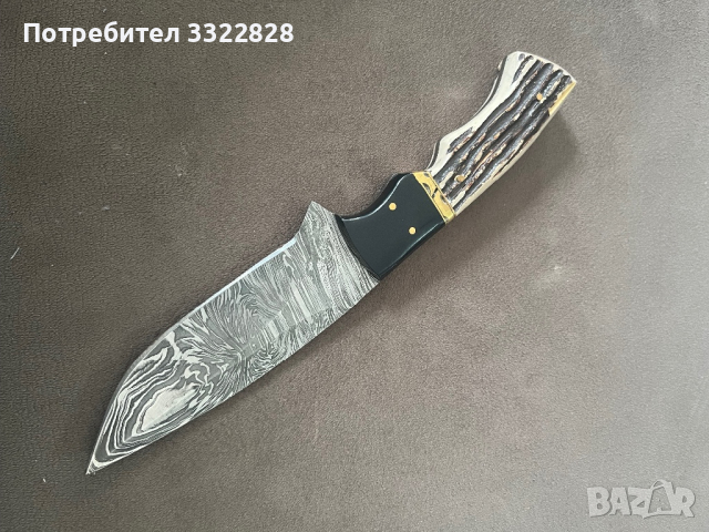 Ловен нож от Дамаска стомана дръжка смола кожена кания, снимка 4 - Ножове - 44014784