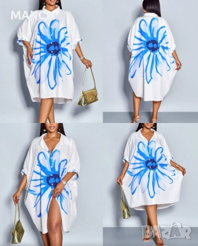 Разкошна ефирна рокля с удължен гръб с копчета и якичка в модерна щампа в бяло