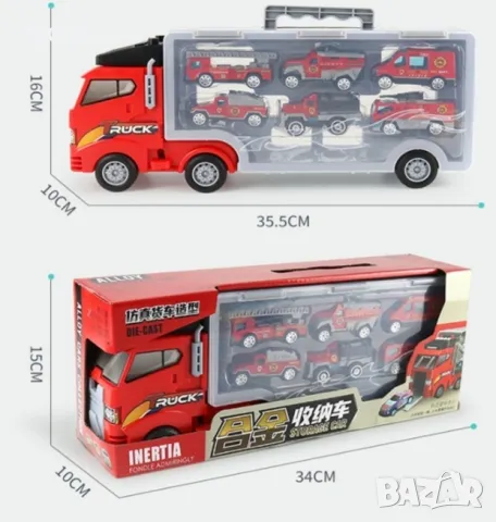 Пожарникарски камион автовоз с 6 метални пожарникарски коли КН2793