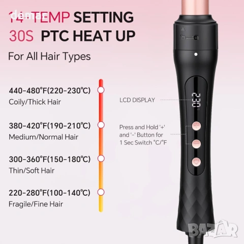 Комплект маша за коса 3 в 1 със сменяеми керамични цилиндри, 14 температурни настройки, снимка 4 - Маши за коса - 54064462