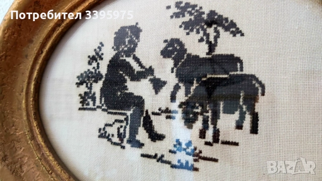 Винтидж бродерия от 40-те-50-те години на миналия век „Овчар с флейта“, снимка 2 - Антикварни и старинни предмети - 51708982