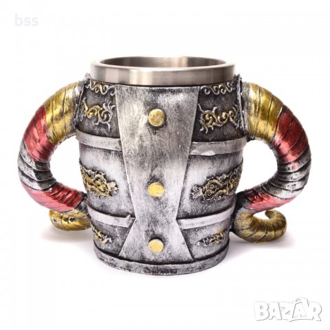 Код 94141 Стилна чаша от полирезин и метал с релефни декорации - череп с шлем и рога, снимка 2 - Чаши - 37023060